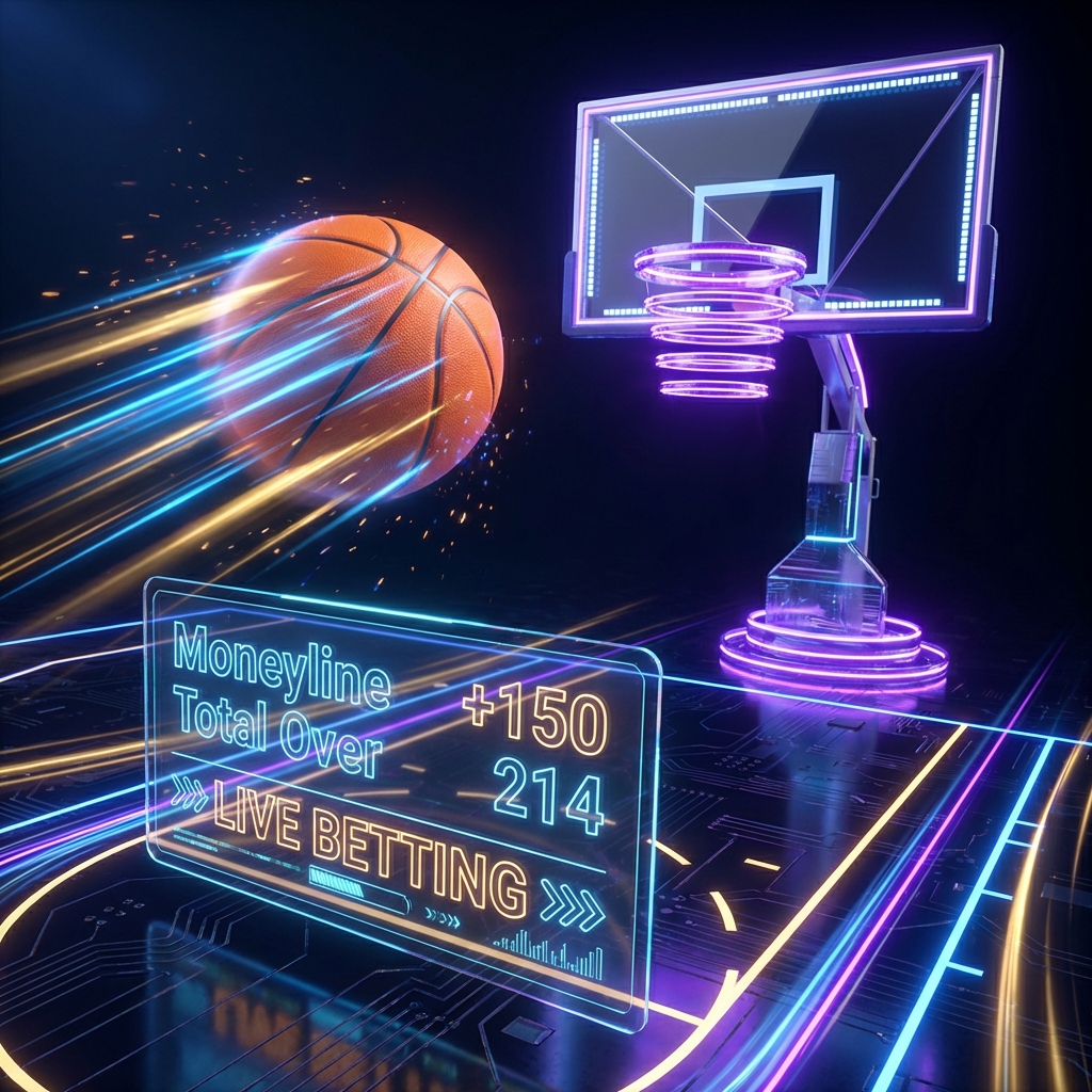 Neon lit basketball hoop with digital betting odds overlay