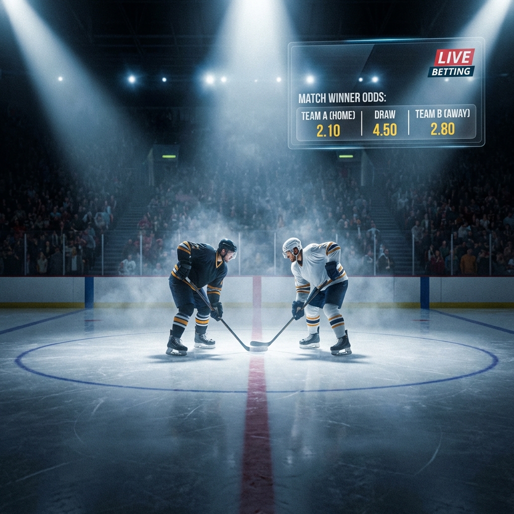 Ice hockey face-off with digital betting odds overlay showing match winner stats