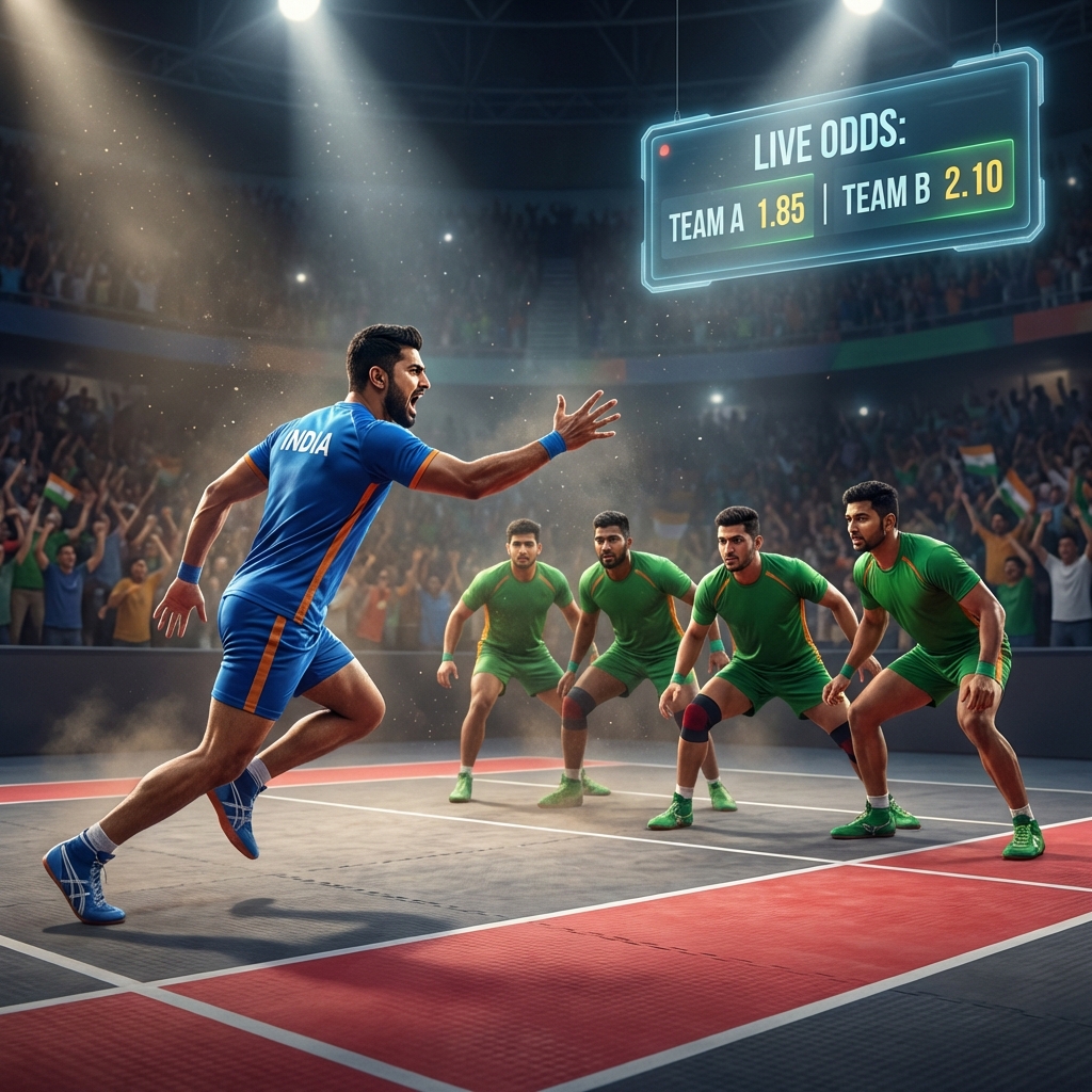 Kabaddi Betting Thrills Professional Kabaddi raider in action with match winner odds overlay