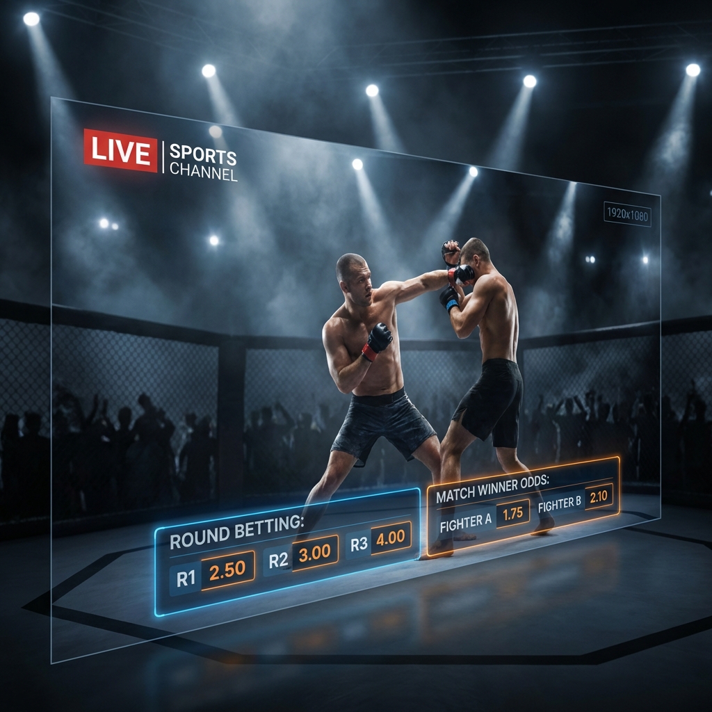 MMA octagon fight with digital betting odds overlay showing match winner