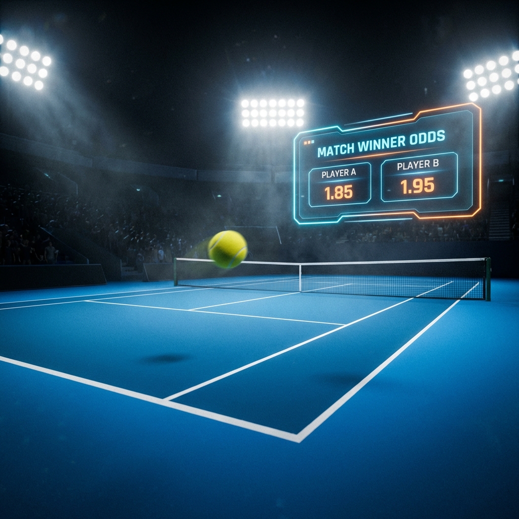 Tennis court at night with digital betting odds overlay showing match winner stats