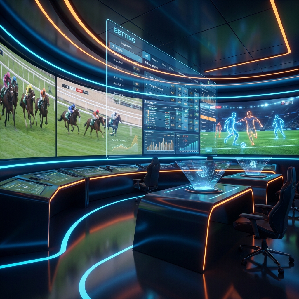 Futuristic command center showing virtual football and racing on screens