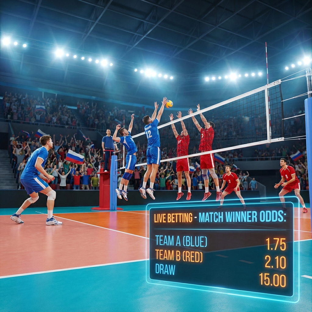 Professional volleyball match action with digital betting odds overlay